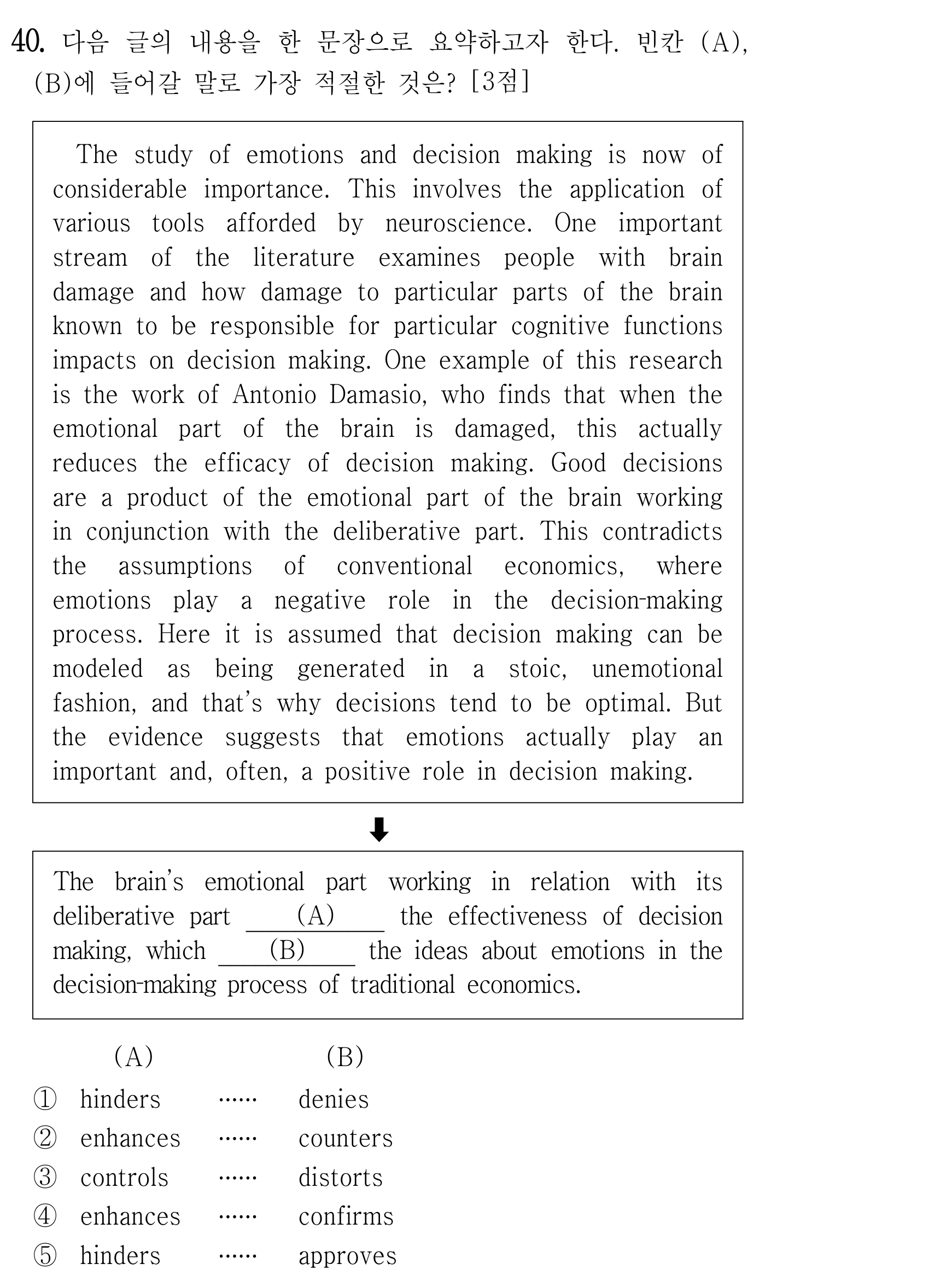 The study of emotions and decision making — 2025년 6월 고2 40번 해석 및 풀이